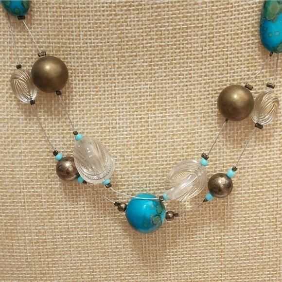 TRESKA Turquoise and Gold beaded multi strand illusion necklace new - Picture 2 of 7